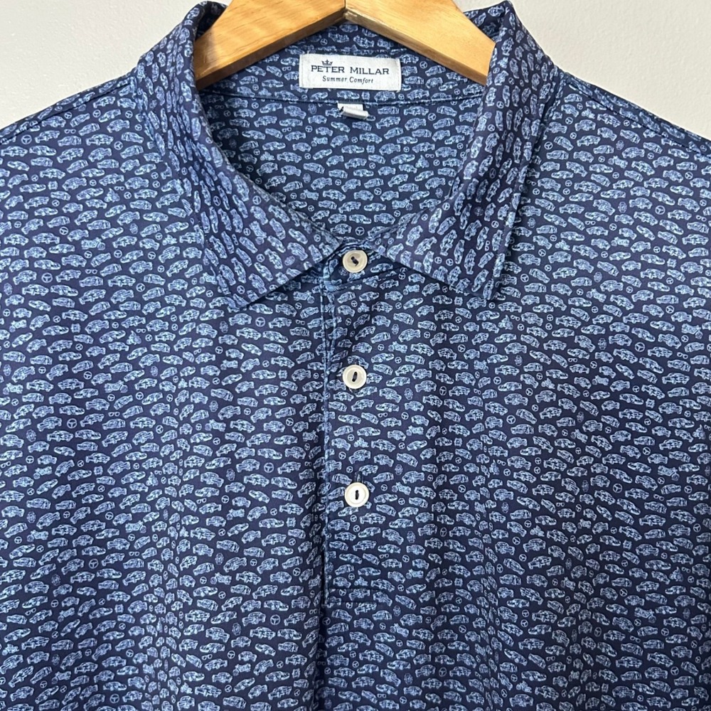 Peter Millar Summer Comfort Polo Men XXL Blue Car Print Performance Golf Shirt